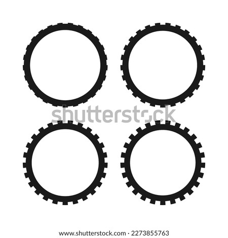 Notch edge hollow circle stroke shapes. A group of 4 circular symbols with notched outside edges. Isolated on a white background.