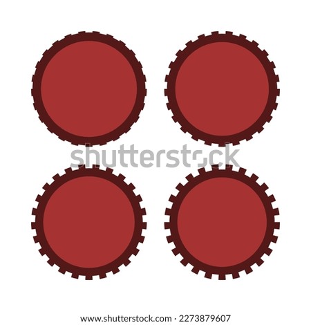 Notch edge red circle stroke shapes. A group of 4 circular symbols with notched outside edges. Isolated on a white background.