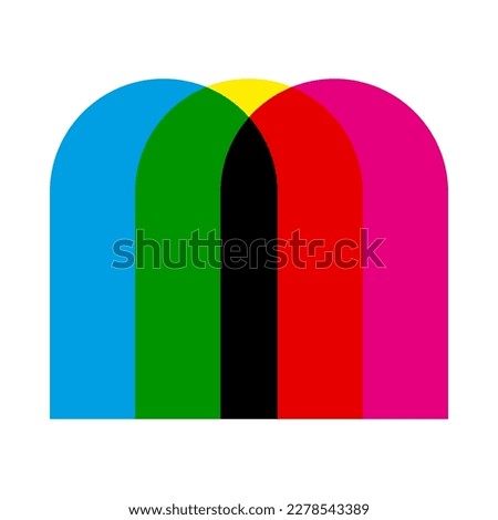 CMYK colour mix arch shapes icon. An arrangement of archway symbols in cyan, magenta and yellow. Overlapping to create green, black and red. Isolated on a white background.