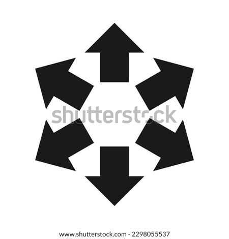 Radial mini arrows silhouette shape icon. A circular arrangement of small black arrow symbols. Isolated on a white background.