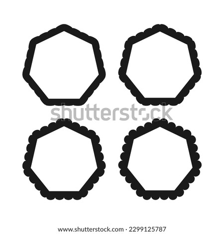 Scallop edge hollow heptagon stroke shapes. A group of 4 heptagons with scalloped outside edges. Isolated on a white background.