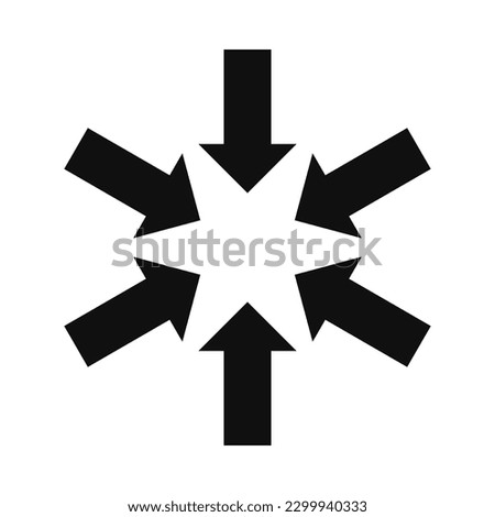 Radial inward arrows silhouette shape icon. A circular arrangement of black arrow shapes. Isolated on a white background.
