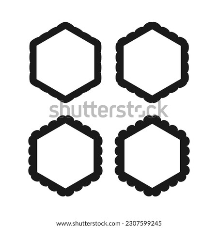 Scallop edge hollow hexagon stroke shapes. A group of 4 hexagons with scalloped outside edges. Isolated on a white background.