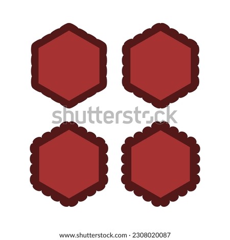 Scallop edge red hexagon stroke shapes. A group of 4 hexagons with scalloped outside edges. Isolated on a white background.