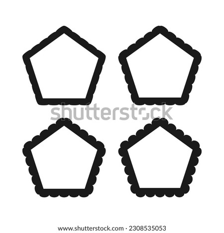 Scallop edge hollow pentagon stroke shapes. A group of 4 pentagons with scalloped outside edges. Isolated on a white background.