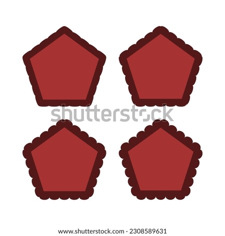 Scallop edge red pentagon stroke shapes. A group of 4 pentagons with scalloped outside edges. Isolated on a white background.