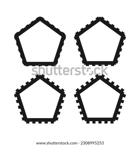 Notch edge hollow pentagon stroke shapes. A group of 4 pentagons with notched outside edges. Isolated on a white background.