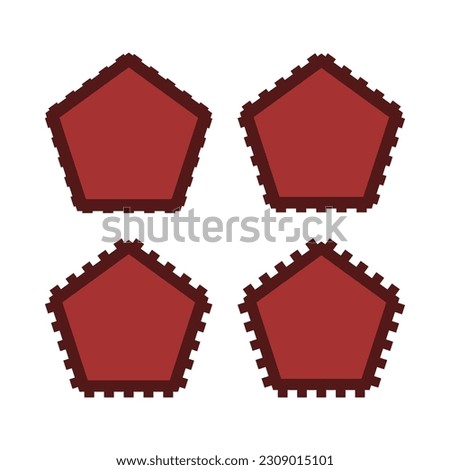 Notch edge red pentagon stroke shapes. A group of 4 pentagons with notched outside edges. Isolated on a white background.