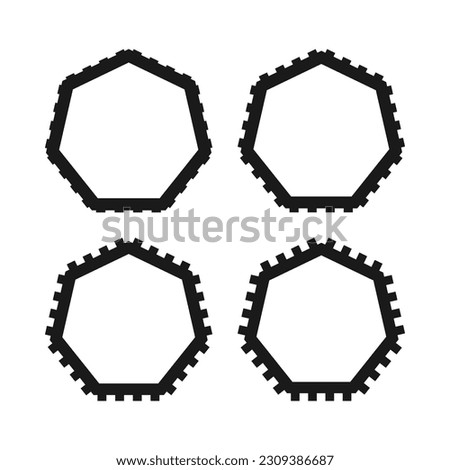 Notch edge hollow heptagon stroke shapes. A group of 4 heptagons with notched outside edges. Isolated on a white background.