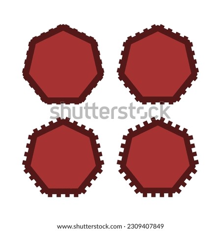 Notch edge red heptagon stroke shapes. A group of 4 heptagons with notched outside edges. Isolated on a white background.