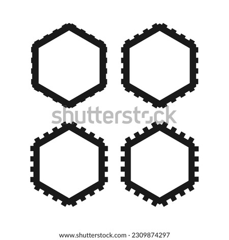 Notch edge hollow hexagon stroke shapes. A group of 4 hexagons with notched outside edges. Isolated on a white background.