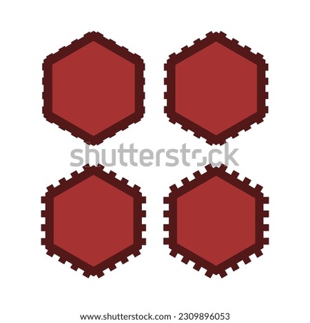 Notch edge red hexagon stroke shapes. A group of 4 hexagons with notched outside edges. Isolated on a white background.