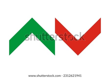 Green, red up-down chevron stripes. A pair of v-shape symbols. Isolated on a white background.