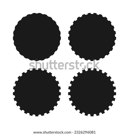 Perforated edge circle shapes icon set. A group of 4 circular symbols with notched edges. Isolated on a white background.