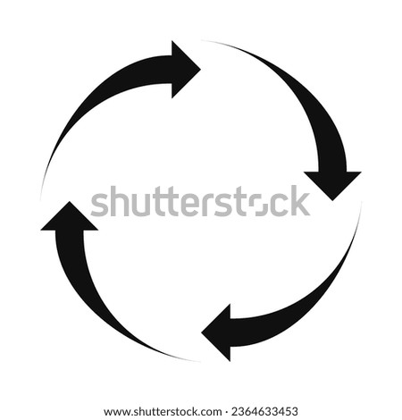 Four curved arrows, circle silhouette icon. A circular arrangement of black arrow symbols. Isolated on a white background.