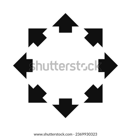 Radial short arrows silhouette shape icon. A circular arrangement of small black arrow symbols. Isolated on a white background.