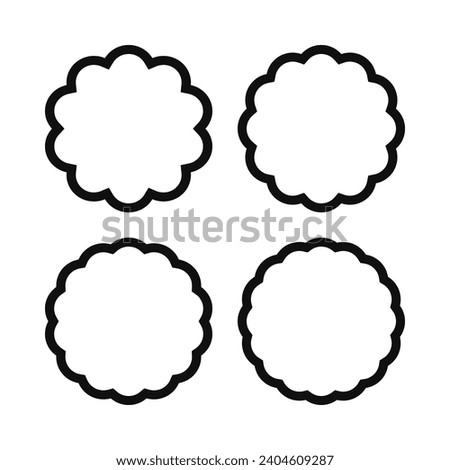 Scallop circle stroke shapes icon set. A group of 4 round symbols with scalloped outside edges. Isolated on a white background.