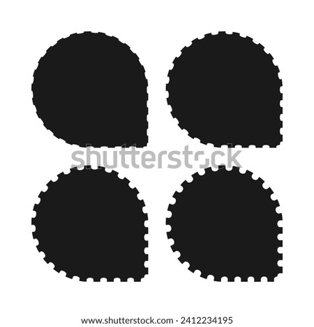 Perforated edge, one corner circle icons. A group of 4 circular shapes with a single squared corner and notched edges. Isolated on a white background.