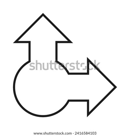 Bullet point circle, stroke corner arrow. A two-way black outline marker direction symbol. Isolated on a white background.