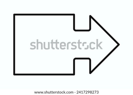 Rounded bullet point square stroke arrow. A black outline marker direction symbol. Isolated on a white background.