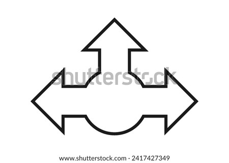 Hollow three-way circle stroke arrow. A black outline marker direction symbol. Isolated on a white background.