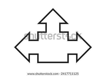 Hollow three-way square stroke arrow. A black outline marker direction symbol. Isolated on a white background.