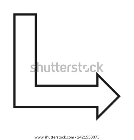 Hollow down right, corner arrow icon. A black outline directional symbol. Isolated on a white background.