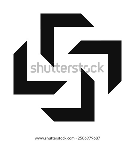 Four rotating chevron stripes silhouette icon. Four black v-shape symbols. Isolated on a white background.