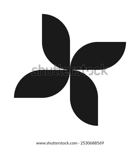 Four rotating rectangle leaves, silhouette icon. A rectangular shape with two rounded corners. Isolated on a white background.