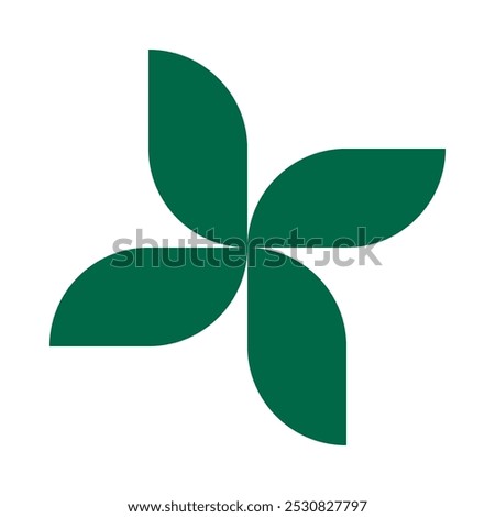 Four rotating rectangle leaves, green icon. A radial arrangement of rectangular shapes. Isolated on a white background.