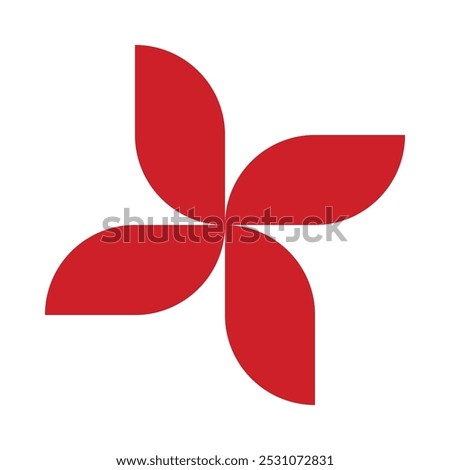 Four rotating rectangle leaves, red icon. A radial arrangement of rectangular shapes. Isolated on a white background.