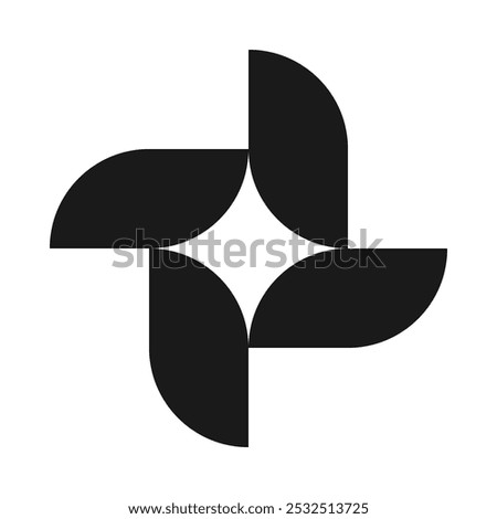 Four rotating rectangle leaves, star icon. Rectangular shapes with two rounded corners. Isolated on a white background.