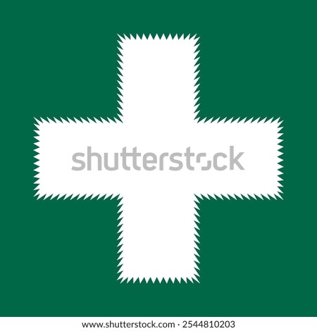 Zigzag edge white cross green frame. A white first aid symbol outline with jagged edges on a green background.