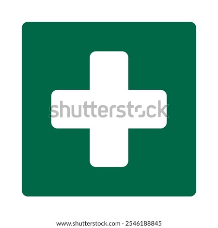 Round corner white cross green square. A first aid medical symbol with rounded corners. Isolated on a white background.