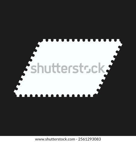 Perforated edge parallelogram shape, border frame. An empty white squared outline with notched edges on a black background.