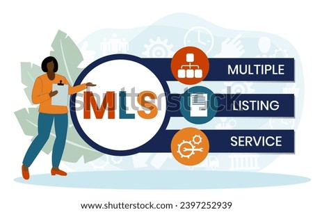 MLS, Multiple Listing Service acronym. Concept with keywords and icons. Flat vector illustration. Isolated on white background.