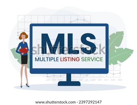 MLS, Multiple Listing Service acronym. Concept with keywords and icons. Flat vector illustration. Isolated on white background.