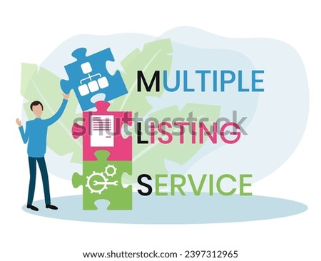 MLS, Multiple Listing Service acronym. Concept with keywords and icons. Flat vector illustration. Isolated on white background.