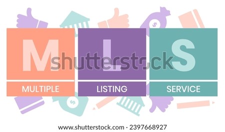 MLS, Multiple Listing Service acronym. Concept with keywords and icons. Flat vector illustration. Isolated on white background.