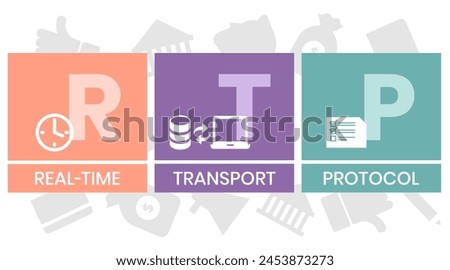 RTP - Real Time Transport Protocol acronym. business concept background. vector illustration concept with keywords and icons. lettering illustration with icon