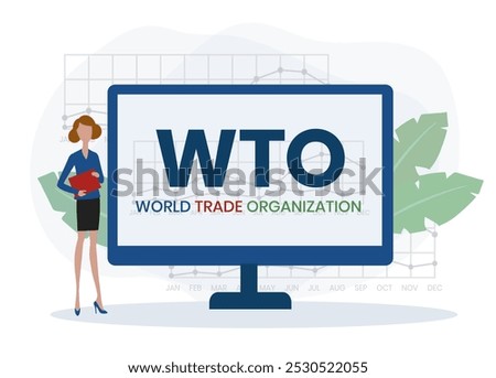 WTO - World Trade Organization acronym, business concept. word lettering typography design illustration with line icons and ornaments. Internet web site promotion concept vector lay