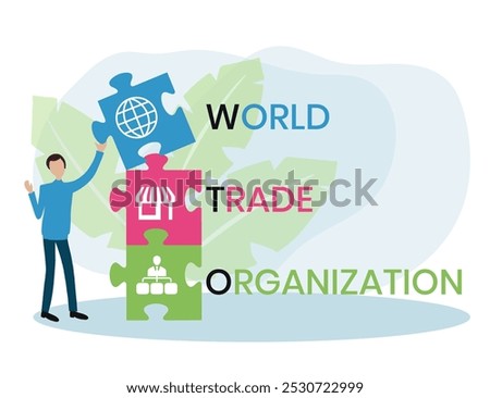 WTO - World Trade Organization acronym, business concept. word lettering typography design illustration with line icons and ornaments. Internet web site promotion concept vector lay