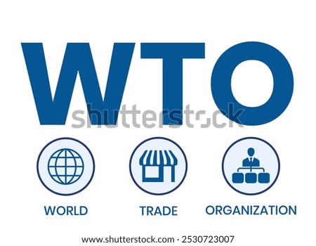 WTO - World Trade Organization acronym, business concept. word lettering typography design illustration with line icons and ornaments. Internet web site promotion concept vector lay