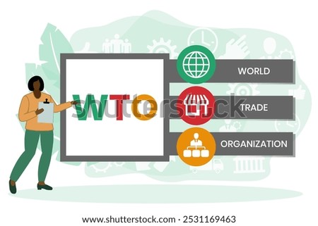 WTO - World Trade Organization acronym, business concept. word lettering typography design illustration with line icons and ornaments. Internet web site promotion concept vector lay