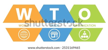 WTO - World Trade Organization acronym, business concept. word lettering typography design illustration with line icons and ornaments. Internet web site promotion concept vector lay