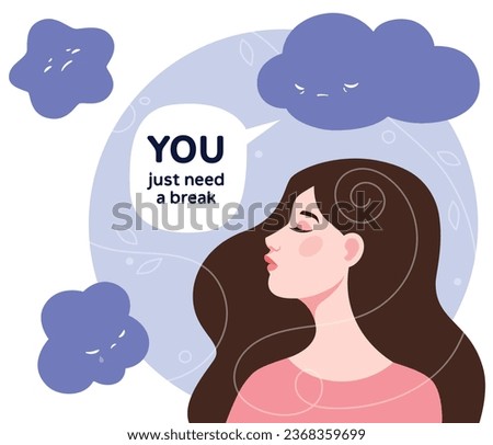Portrait of unhappy and tired woman surrounded by stream of anxious thoughts and who need rest. Searching for peace and tranquility. A flat vector illustration, cartoon style for web, card, banner