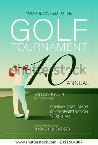 Golfclub competition poster. Template for golf competition or championship event. Blue sky and green golf field.