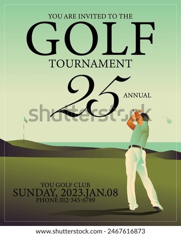 Golfclub competition poster. Template for golf competition or championship event. Blue sky and green golf field.