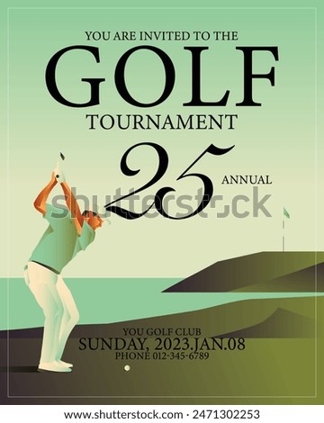 Golfclub competition poster. Template for golf competition or championship event. Blue sky and green golf field.