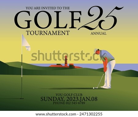 Golfclub competition poster. Template for golf competition or championship event. Blue sky and green golf field.